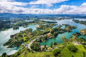 A view of some water and land from above.